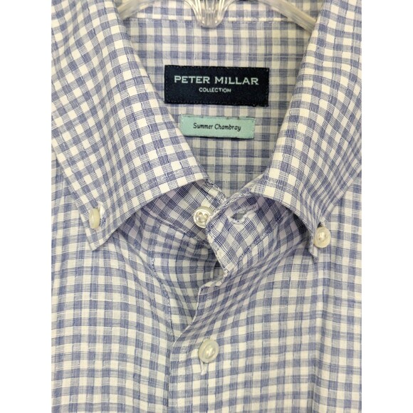 Peter Millar Summer Chambray Shirt Mens Large Blue Check Button Down Long Sleeve - Picture 4 of 9